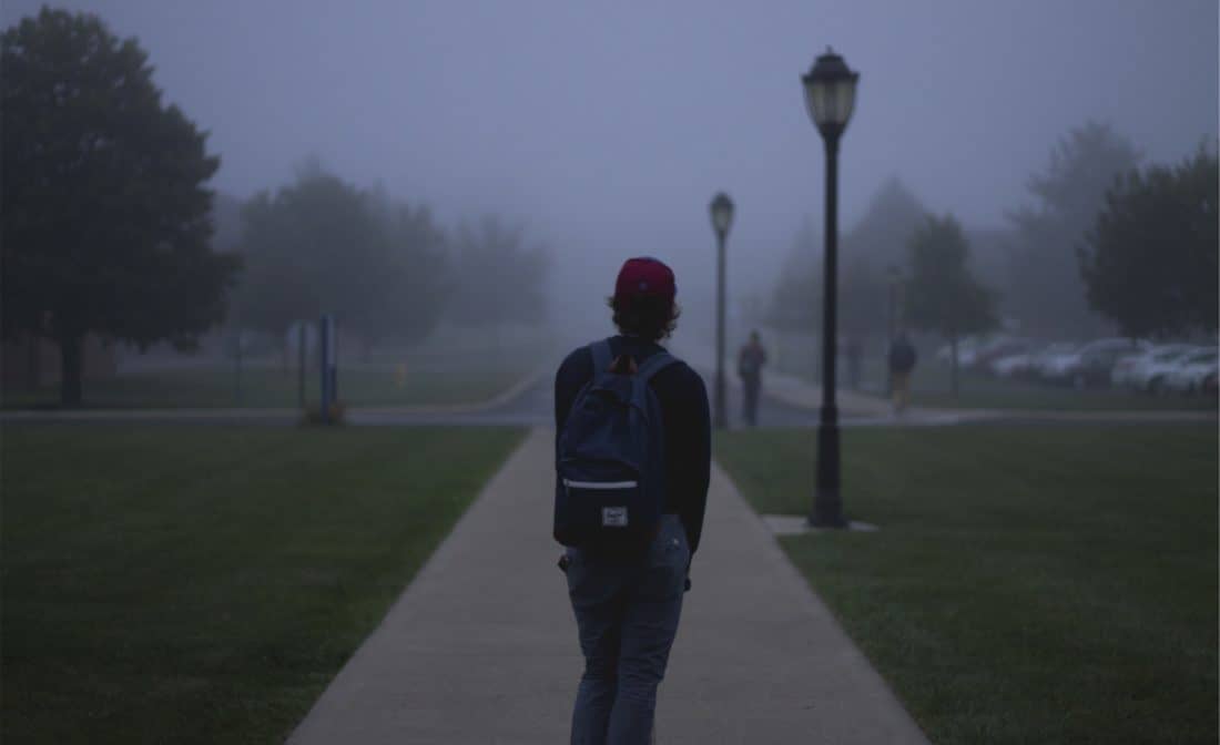 Student Alone on Dreary Campus